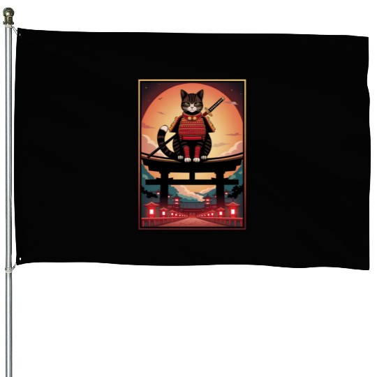 Japanese Cat Samurai Cat House Flags