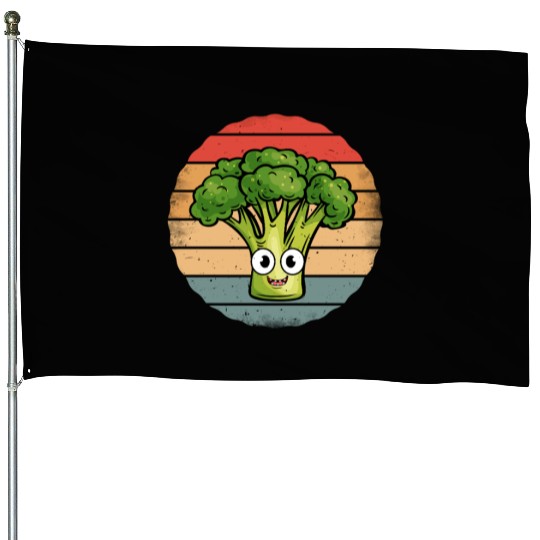 Cute Smiling Broccoli Retro Vintage Sunset House Flags