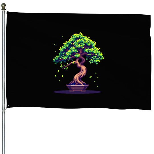 Pixel Bonsai Tree – Retro Nature Serenity House Flags