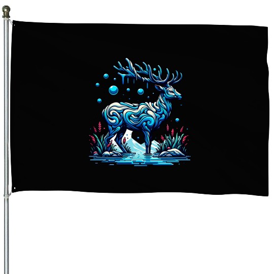 Majestic Blue Deer in Enchanted Forest House Flags