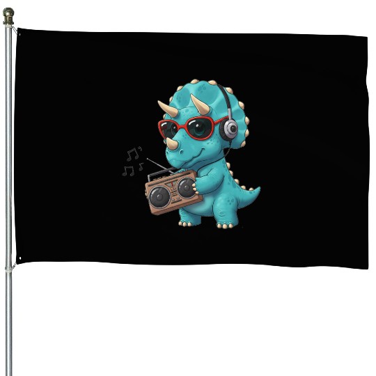 Dino cartoon triceratops listening to music House Flags