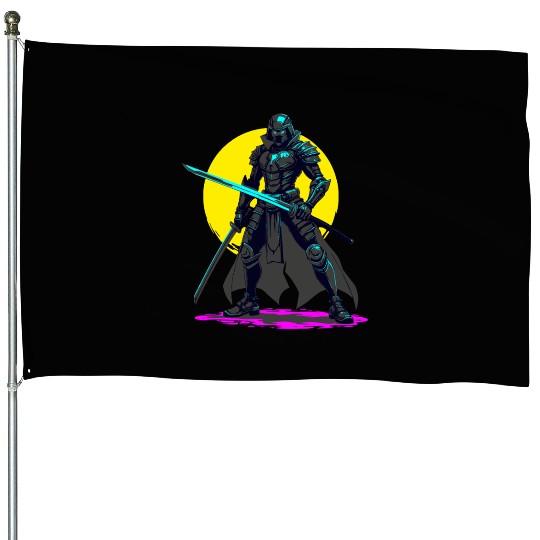Cyberpunk Armored Samurai Neon Warrior Art House Flags