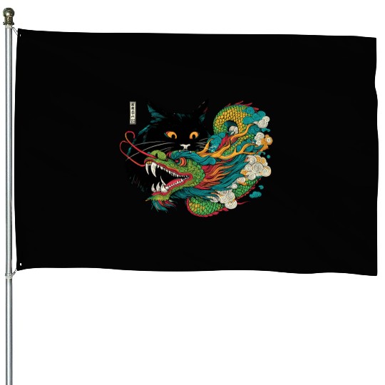 Ukiyo-e Black Cat Chinese Dragon House Flags