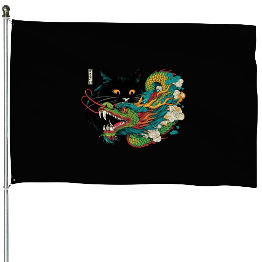 Ukiyo-e Black Cat Chinese Dragon House Flags