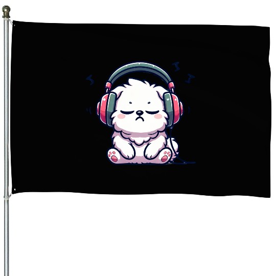 Chill Puppy with Headphones Illustration House Flags