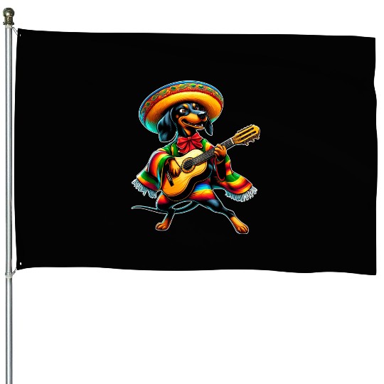 Cinco de Mayo Dachshund Mariachi Guitar House Flags