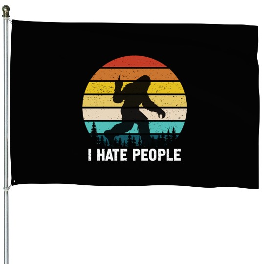 I Hate People Retro Bigfoot Silhouette in Forest House Flags