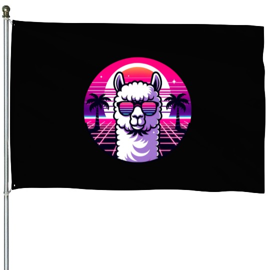 Retro Sunset Llama with Sunglasses in Neon Vibes House Flags