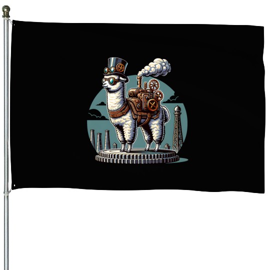 Steampunk Llama With Top Hat and Gears House Flags