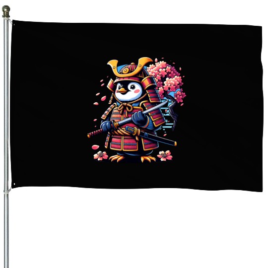 Penguin Samurai with Cherry Blossoms House Flags