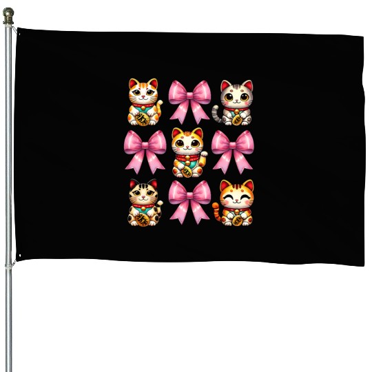 Coquette Bow Maneki Neko Japanese Cat Lucky Pink House Flags