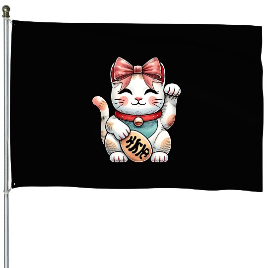 Coquette Bow Maneki Neko Japanese Cat Lucky Pink House Flags