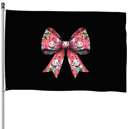 Coquette Bow Maneki Neko Japanese Cat Lucky Pink House Flags