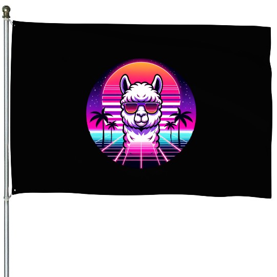 Retro Cool Llama with Neon Sunset Vibes House Flags