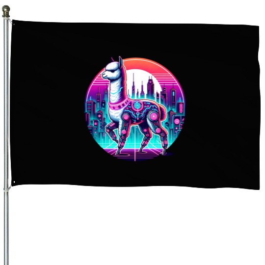 Cyberpunk Alpaca In Futuristic Cityscape House Flags