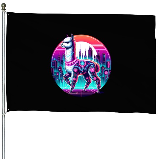 Cyberpunk Alpaca In Futuristic Cityscape House Flags