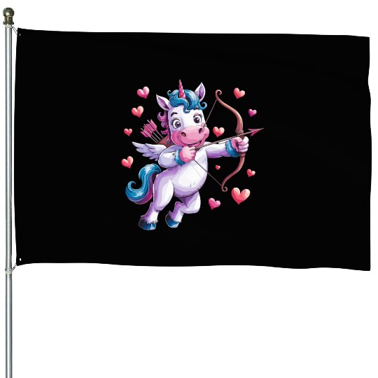 Magical Cupid Unicorn with Hearts and Bow House Flags