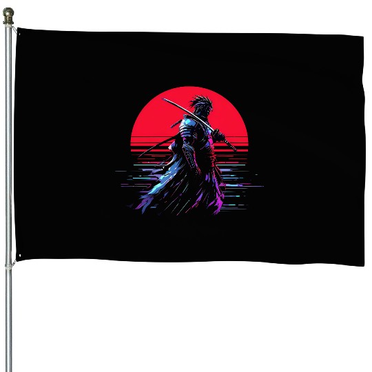 Cyberpunk Samurai Warrior Under Neon Moon House Flags