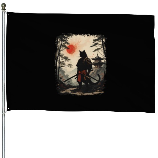 Samurai Cat Warrior House Flags Design