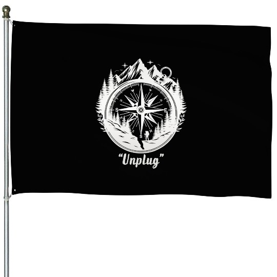 Compass Mountains Hiker, Unplug Nature Adventure House Flags