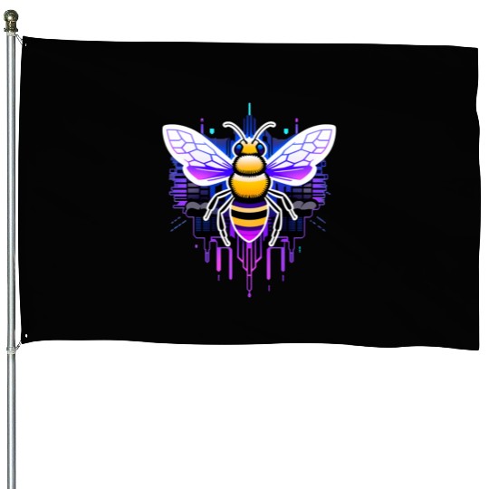 A bee cyberpunk-style with glowing neon stripes House Flags