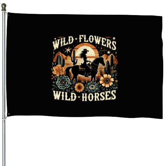 Retro Southern Sunset Cowgirl Wild Flowers Wild Ho House Flags