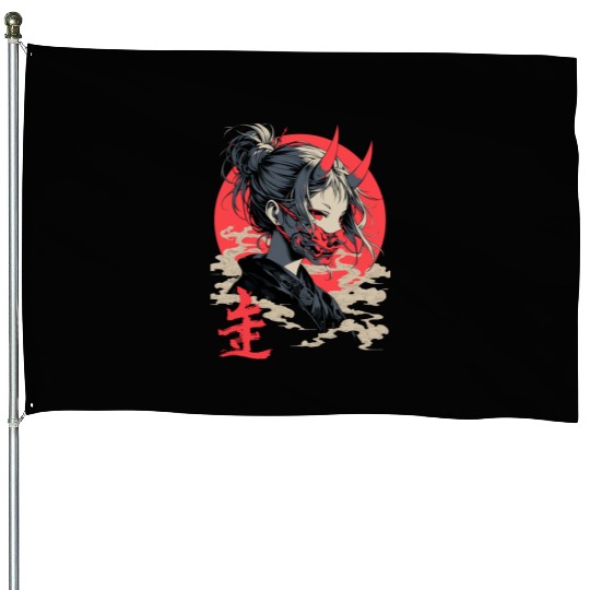 Beautiful Japanese Demon Anime Girl Waifu Geisha House Flags