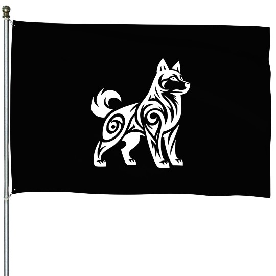 Wolf With Tribal Pattern Mystic Husky Dog House Flags