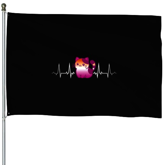 Lesbian Heartbeat Cute Kawaii Cat Pride Love House Flags