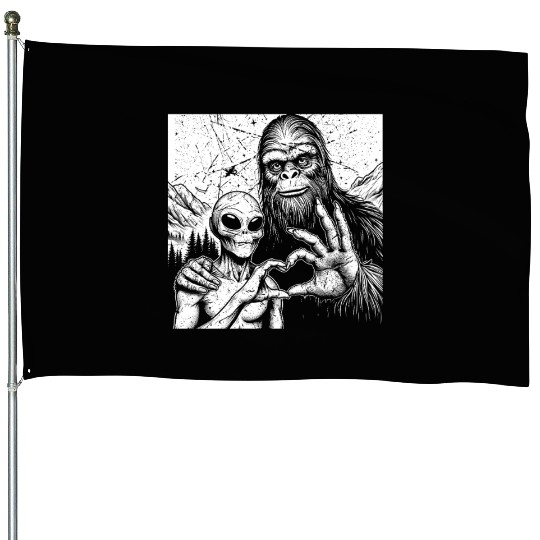 Bigfoot and alien Sasquatch love hand sign Weird S House Flags