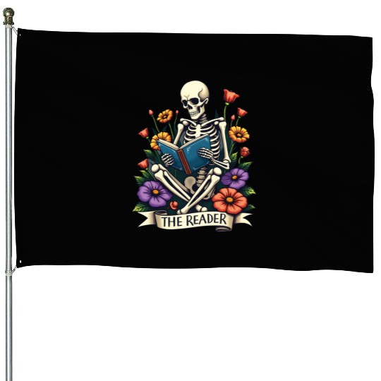 The Reader Tarot Card Skeleton Reading a Book House Flags