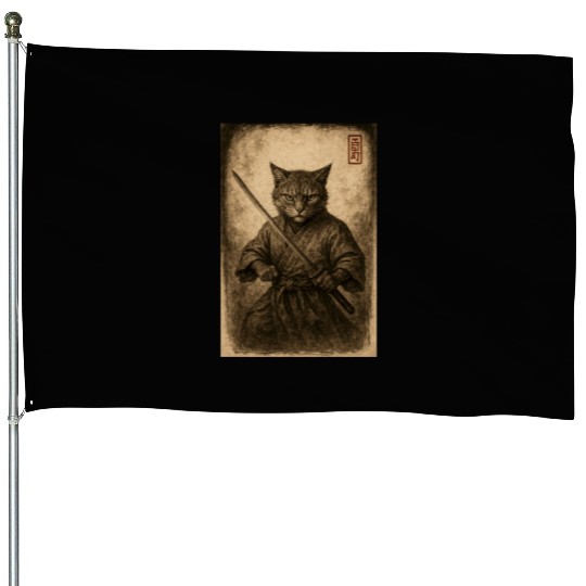 Samurai Cat in Vintage Style House Flags