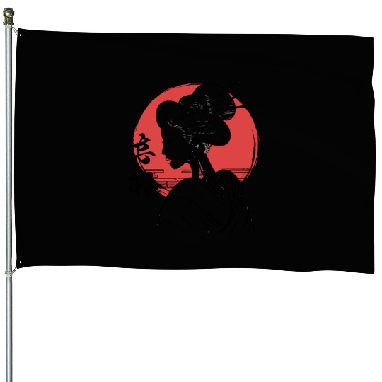 Elegant Geisha Silhouette with Red Sun House Flags