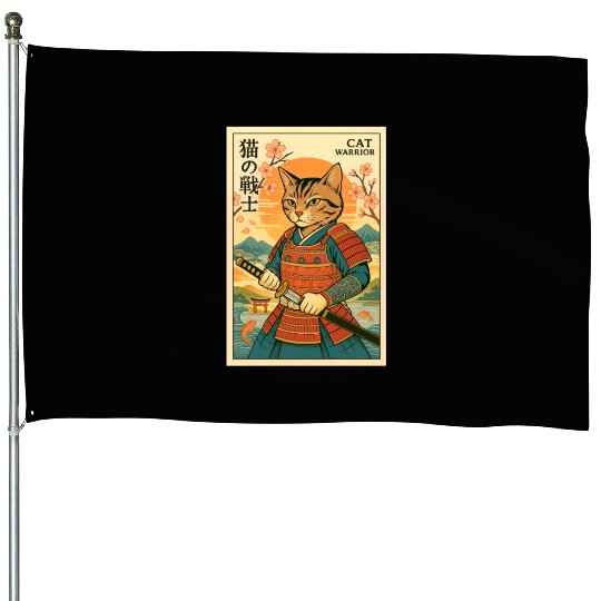 Samurai Cat in Traditional Armor Art House Flags