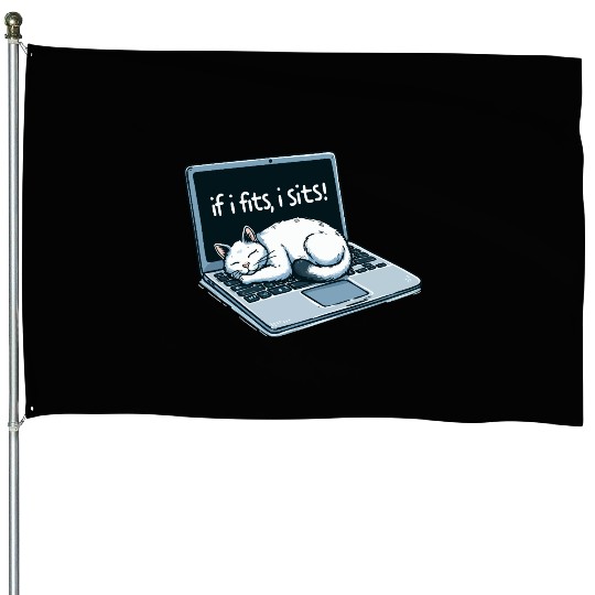 Laptop Cat Nap - If I Fits, I Sits! House Flags