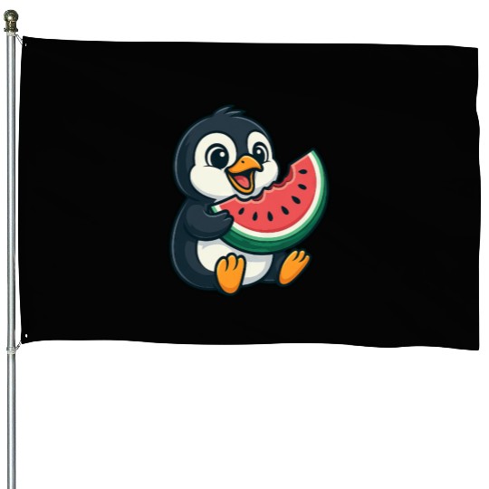 Penguin with Watermelon Summer Fruit House Flags