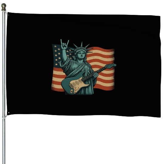 4th of July Statue Of Liberty Rock Guitar USA Flag House Flags
