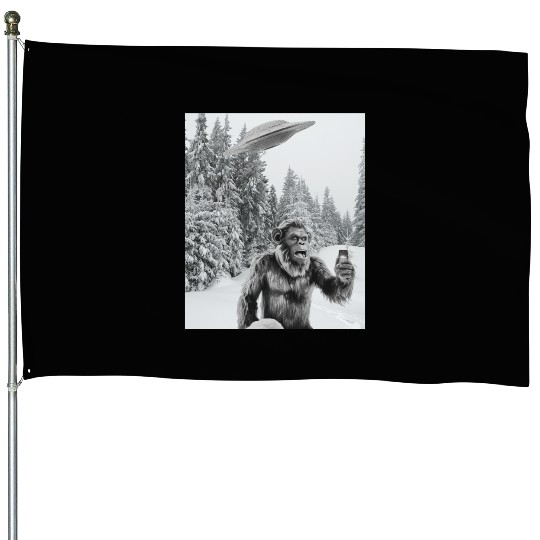 Bigfoot Selfie With Alien UFO Funny Sasquatch House Flags