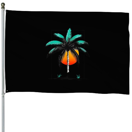 Grayscale Line Drawing Of A Central palm tree House Flags