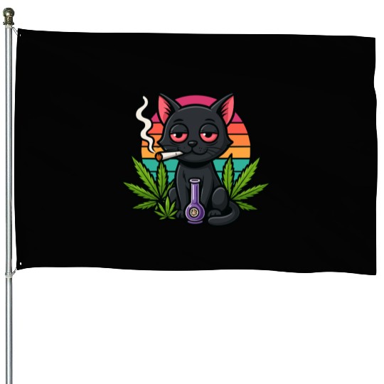 Cute Cat Smoking Weed House Flags