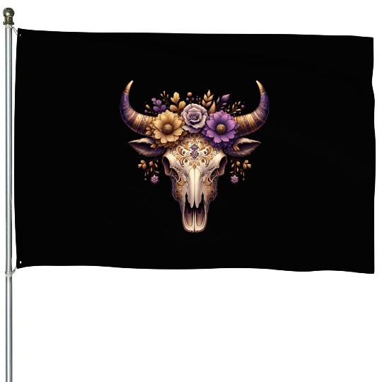 Boho Bull Skull with Floral – Western Bohemian House Flags