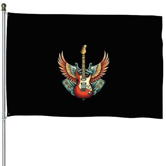 Vintage Retro 80s Rock Roll Music Guitar Wing House Flags