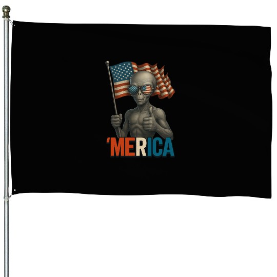 Thumbs Up Merica Alien 4th of July Funny House Flags