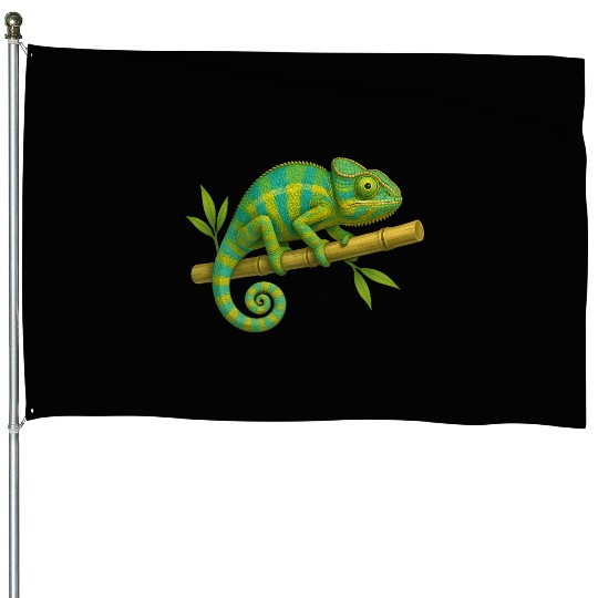 Colorful Chameleon on Bamboo Branch House Flags