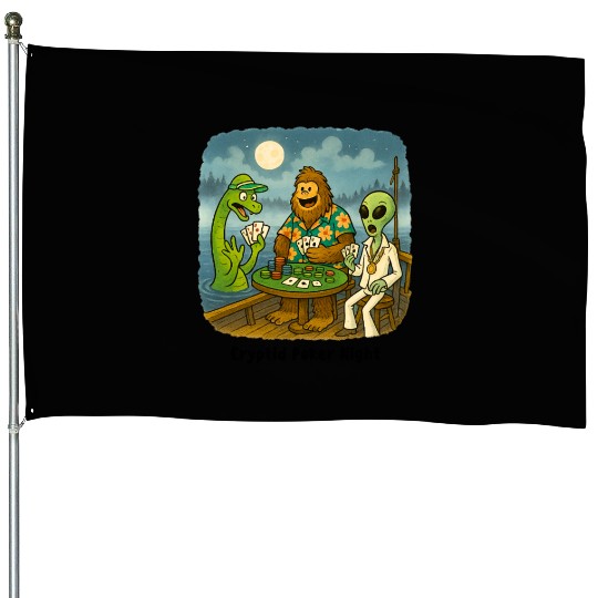 Bigfoot, Nessie and an Alien Play Poker - Cryptid House Flags