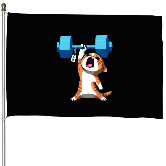 Workout Strength! Tiny Warrior Cat Huge Muscles. House Flags