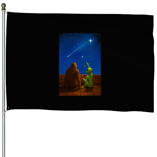 Alien and Bigfoot Enjoying the Night Sky During a House Flags