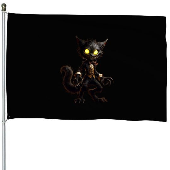 Demonic Cat Gentleman – Creepy Grinning Beast House Flags