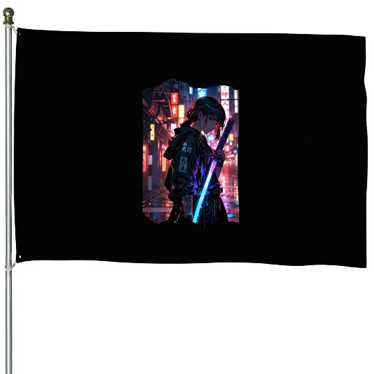 Cyberpunk Samurai Girl House Flags