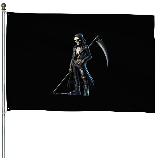 Dark Skeleton Warrior with Scythe and Hooded Jacke House Flags